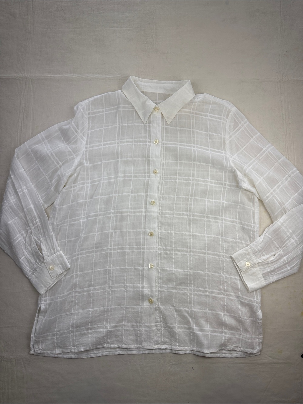 Women's White Lightweight Long-Sleeve Tonal Windowpane Button-Down Shirt Size L